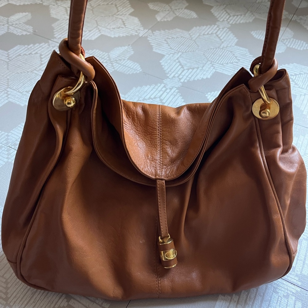 Cognac Leather Shoulder Bag with Gold Accents